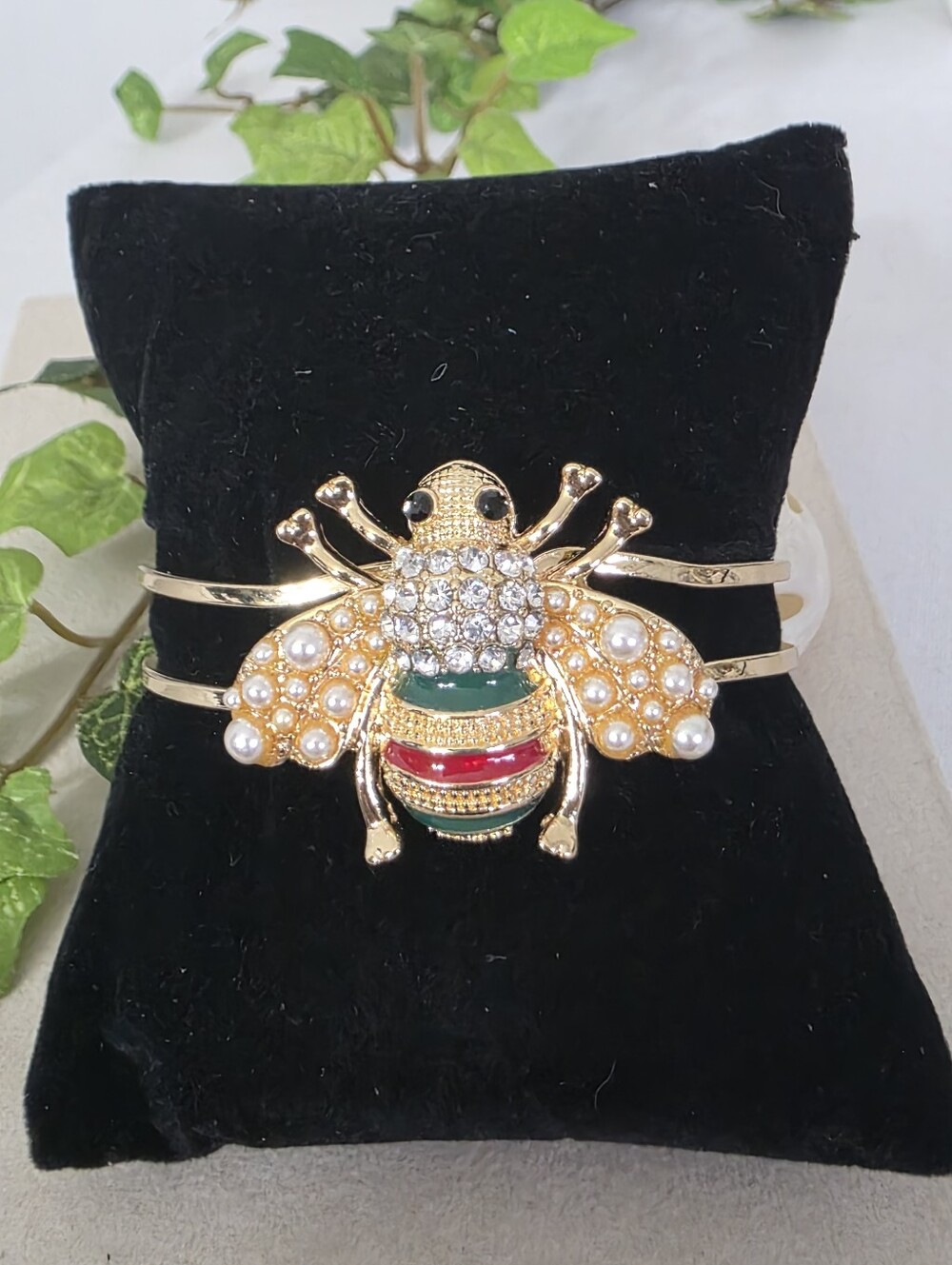 Gold Bumble Bee Pearl & Rhinestone Hinge Bangle Bracelet